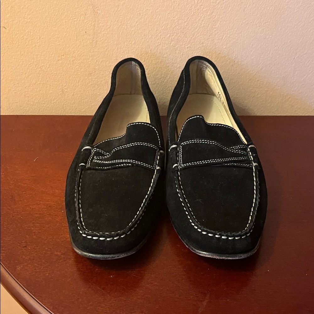 Faconnable Black Suede Loaders with White Stitching